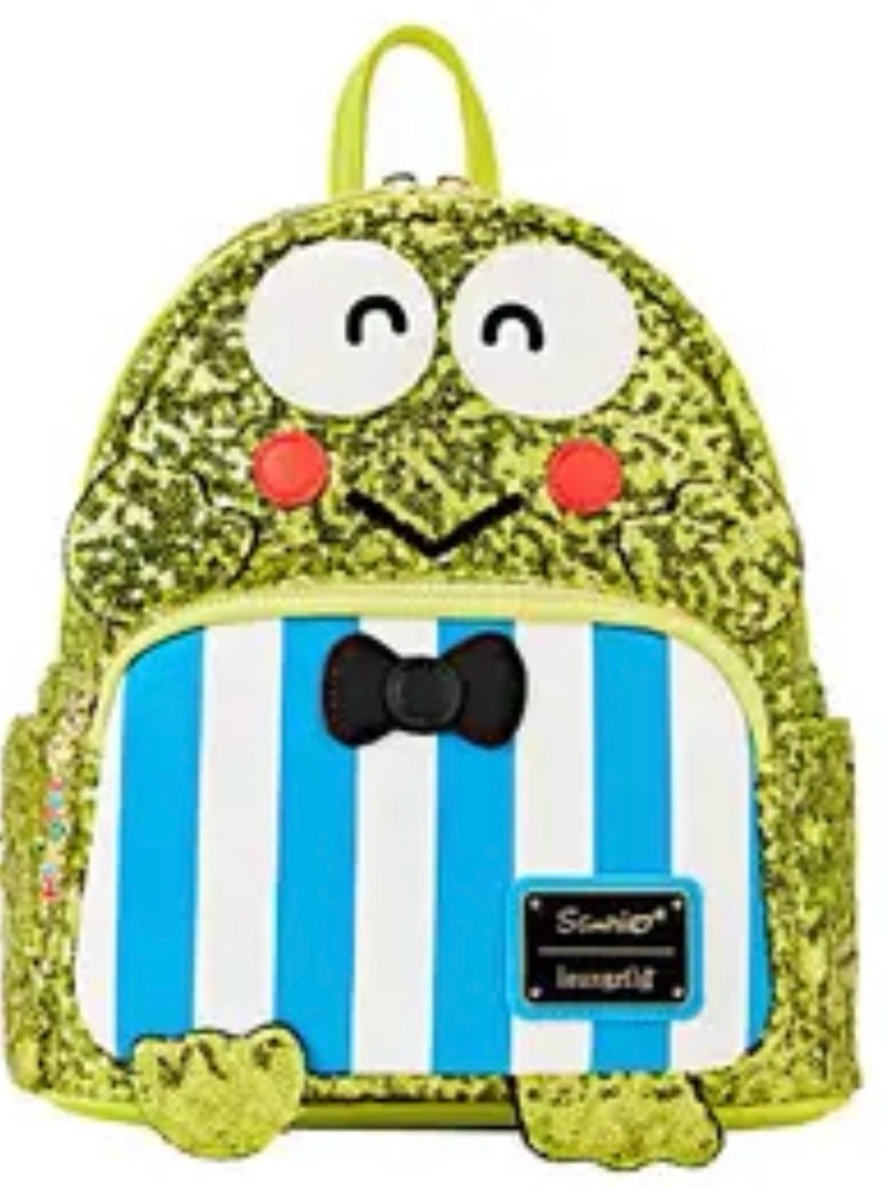 Sanrio Keroppi Glitter Backpack in Lime Green with Blue Stripes